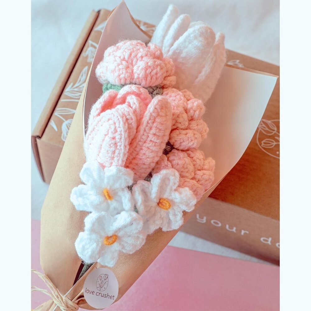 Handmade Crochet Flower Bouquet,Crochet Tulips,Preserved Flowers Bouquet,Bride G
